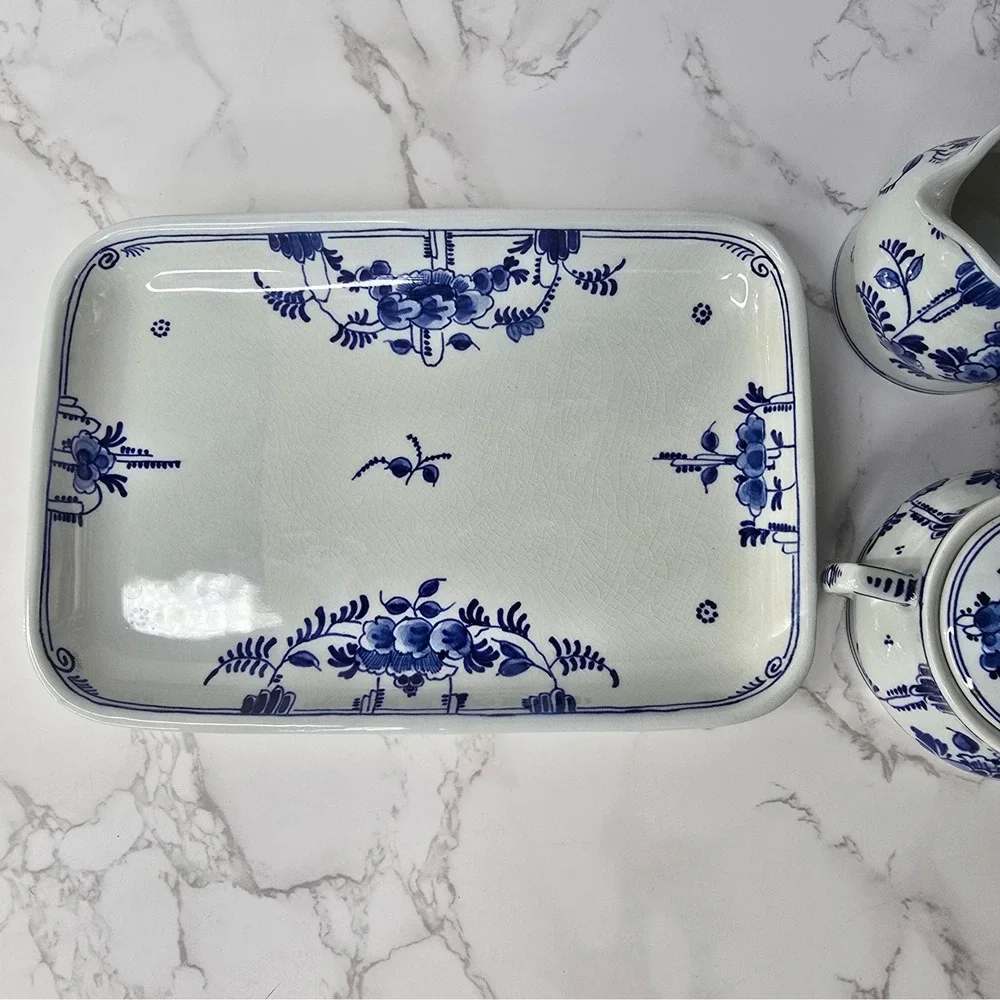 Vintage 1961 Royal Delft Porceleyne Fles Hand Painted Creamer Sugar Tray Set